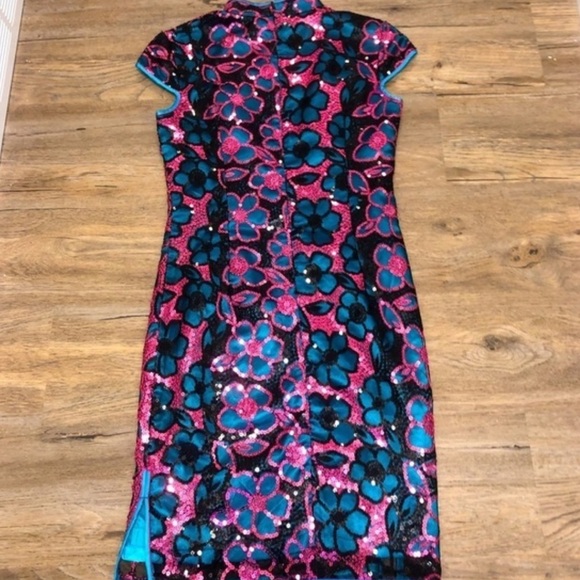 Vintage sequined cheongsam qipao dress floral print metallic sparkly - Picture 2 of 9